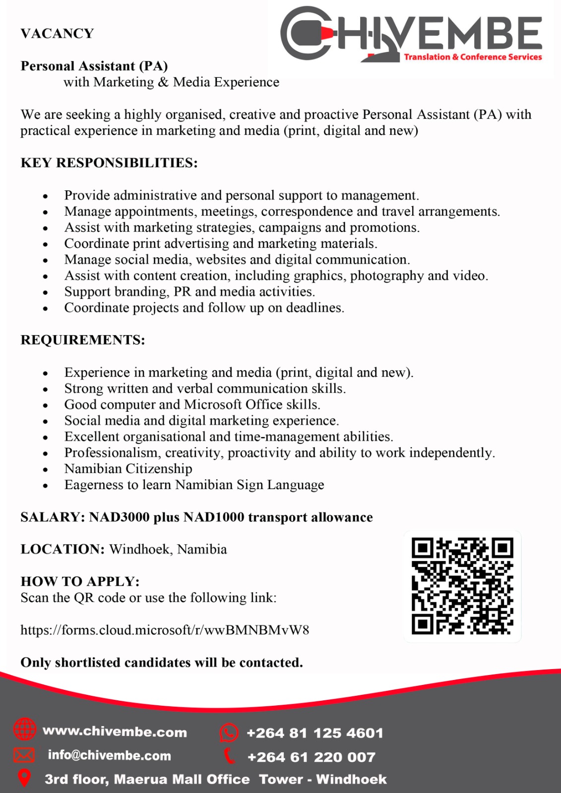 Vacancy for Personal Assistant with Marketing & Media Experience